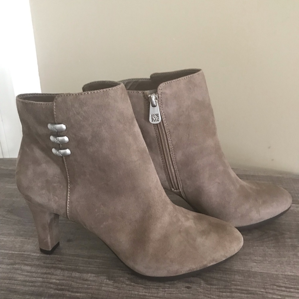 Anne Klein Suede Booties, Taupe, 8 1/2 M, 3” heel